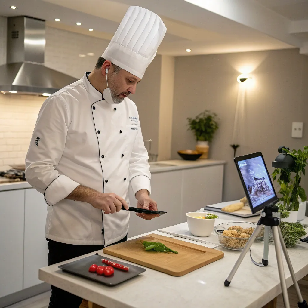 Professional chef conducting an online cooking class